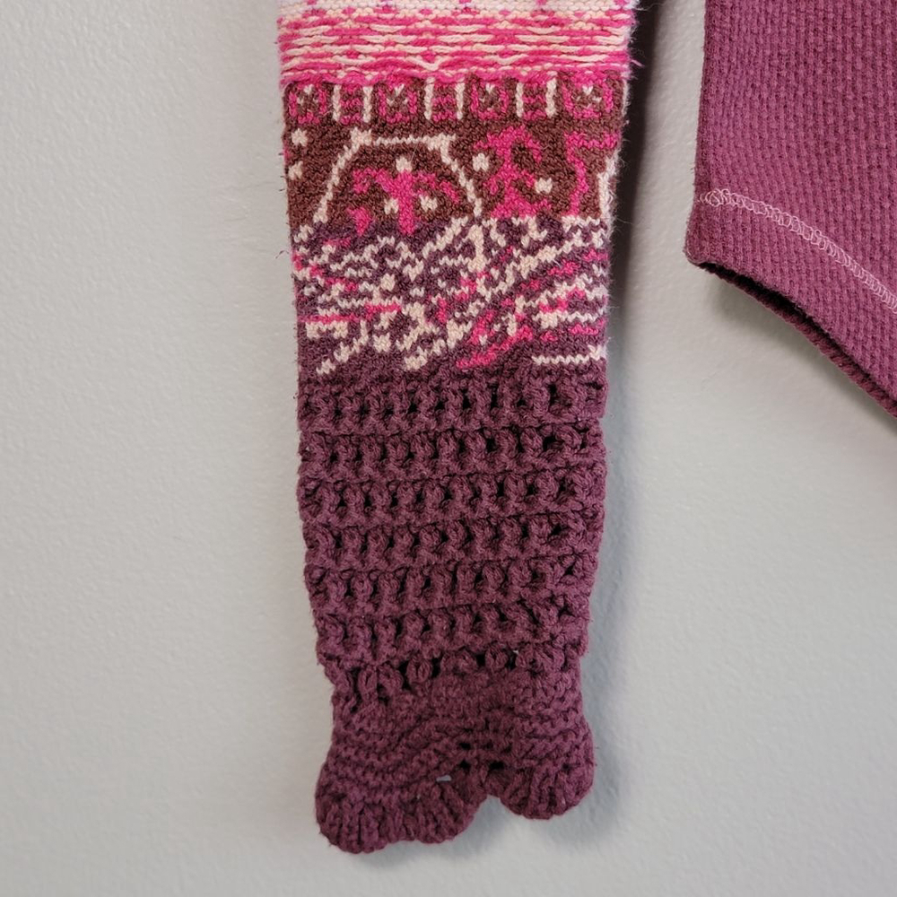 Free People XS In The Mix Cuff Thermal Crochet Knit Sleeve Burgundy Top Henley - Picture 6 of 11
